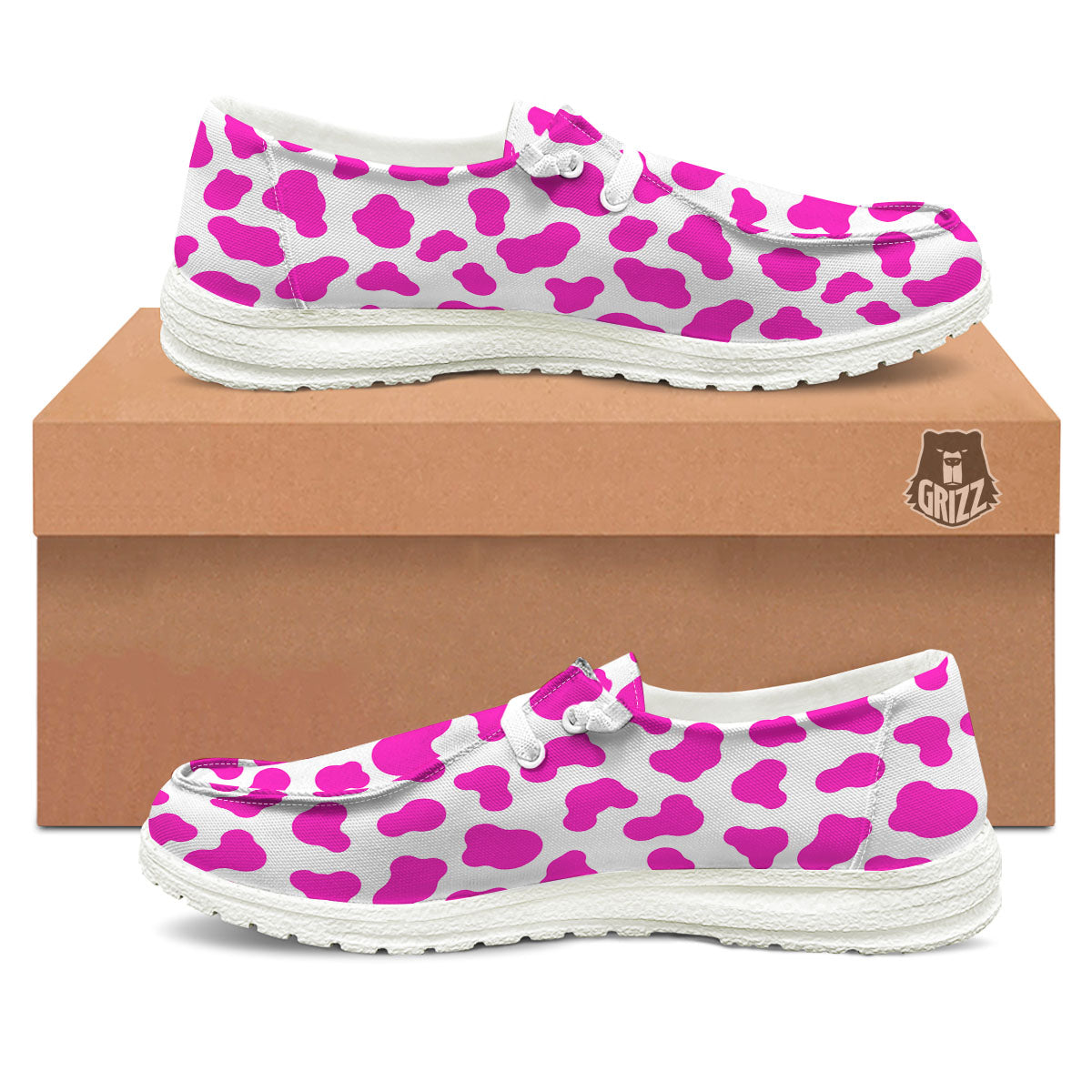 White Cow And Hot Pink Print White Loafers-grizzshop