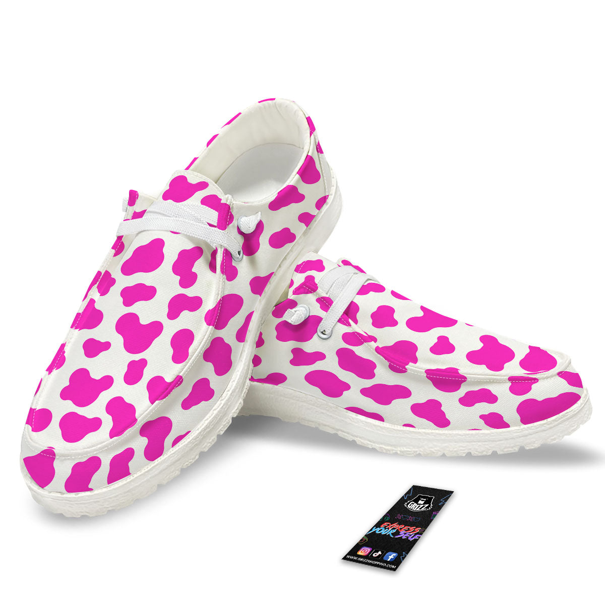 White Cow And Hot Pink Print White Loafers-grizzshop