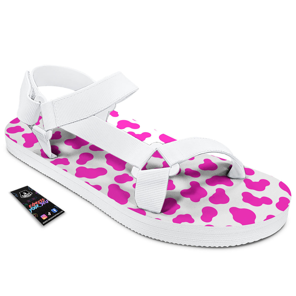 White Cow And Hot Pink Print White Open Toe Sandals-grizzshop