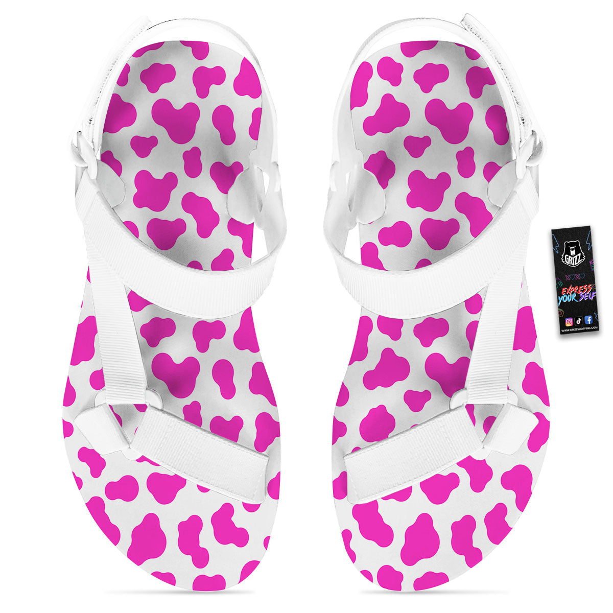 White Cow And Hot Pink Print White Open Toe Sandals-grizzshop
