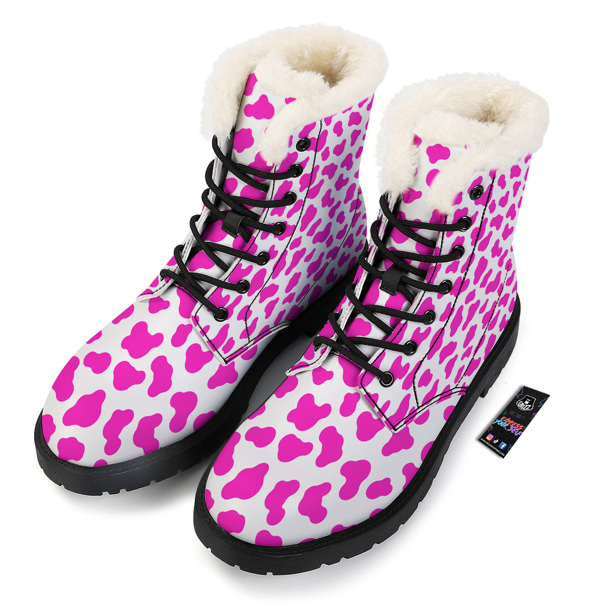 White Cow And Hot Pink Print Winter Boots-grizzshop