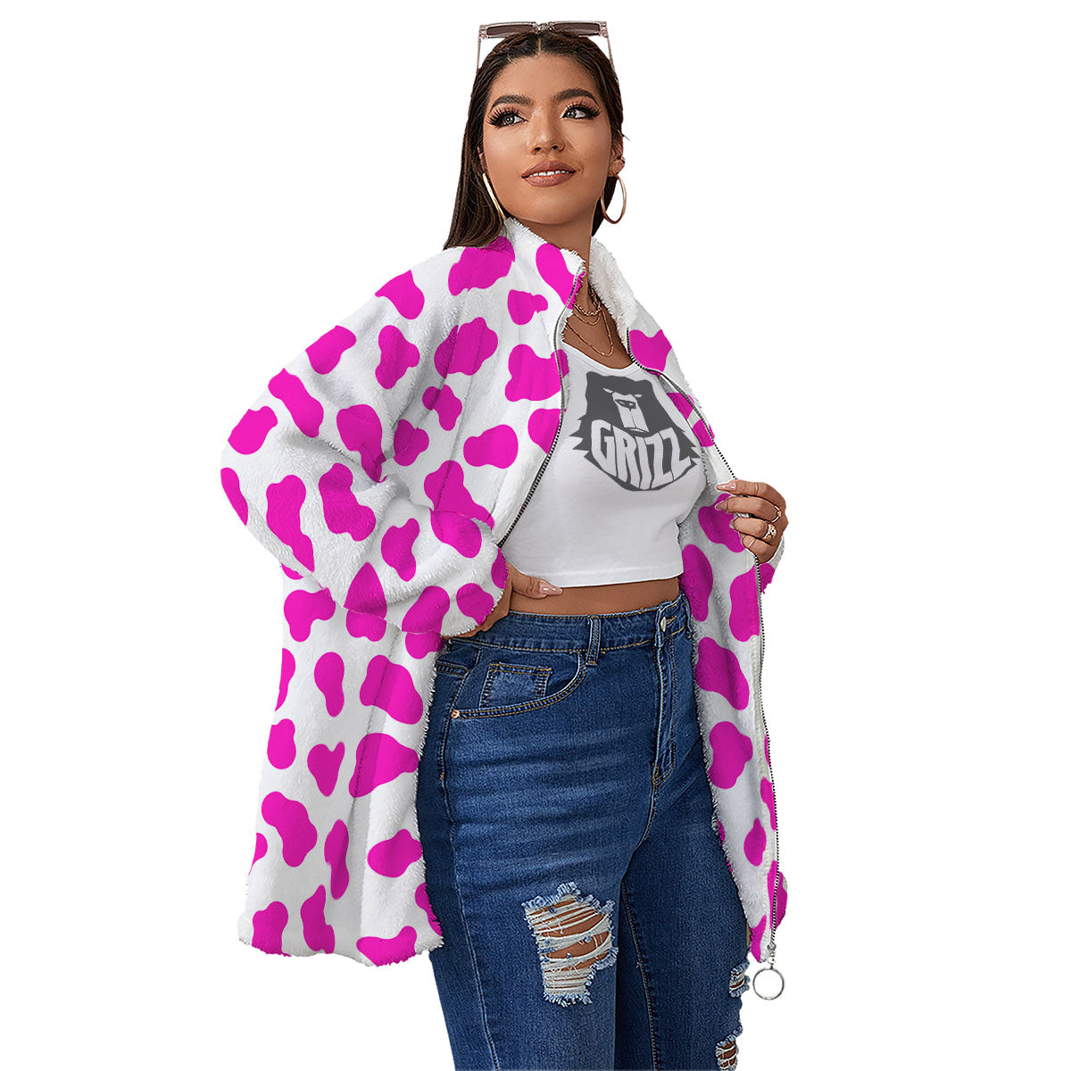 White Cow And Hot Pink Print Women's Sherpa Jacket-grizzshop