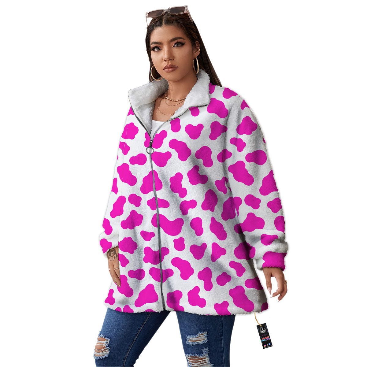 White Cow And Hot Pink Print Women's Sherpa Jacket-grizzshop