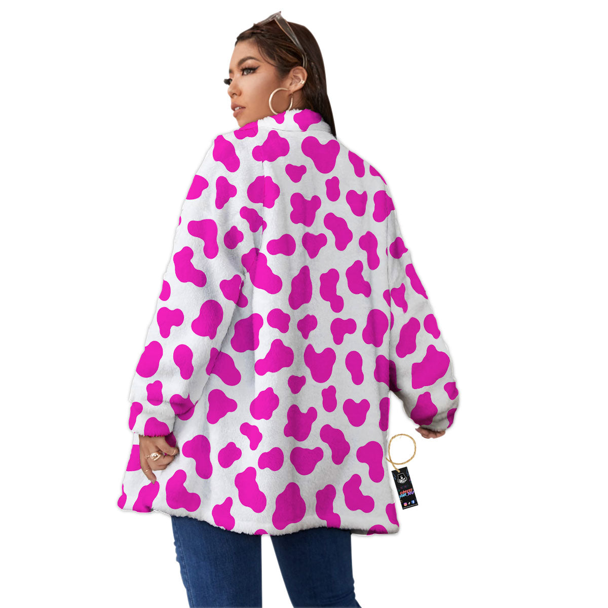 White Cow And Hot Pink Print Women's Sherpa Jacket-grizzshop