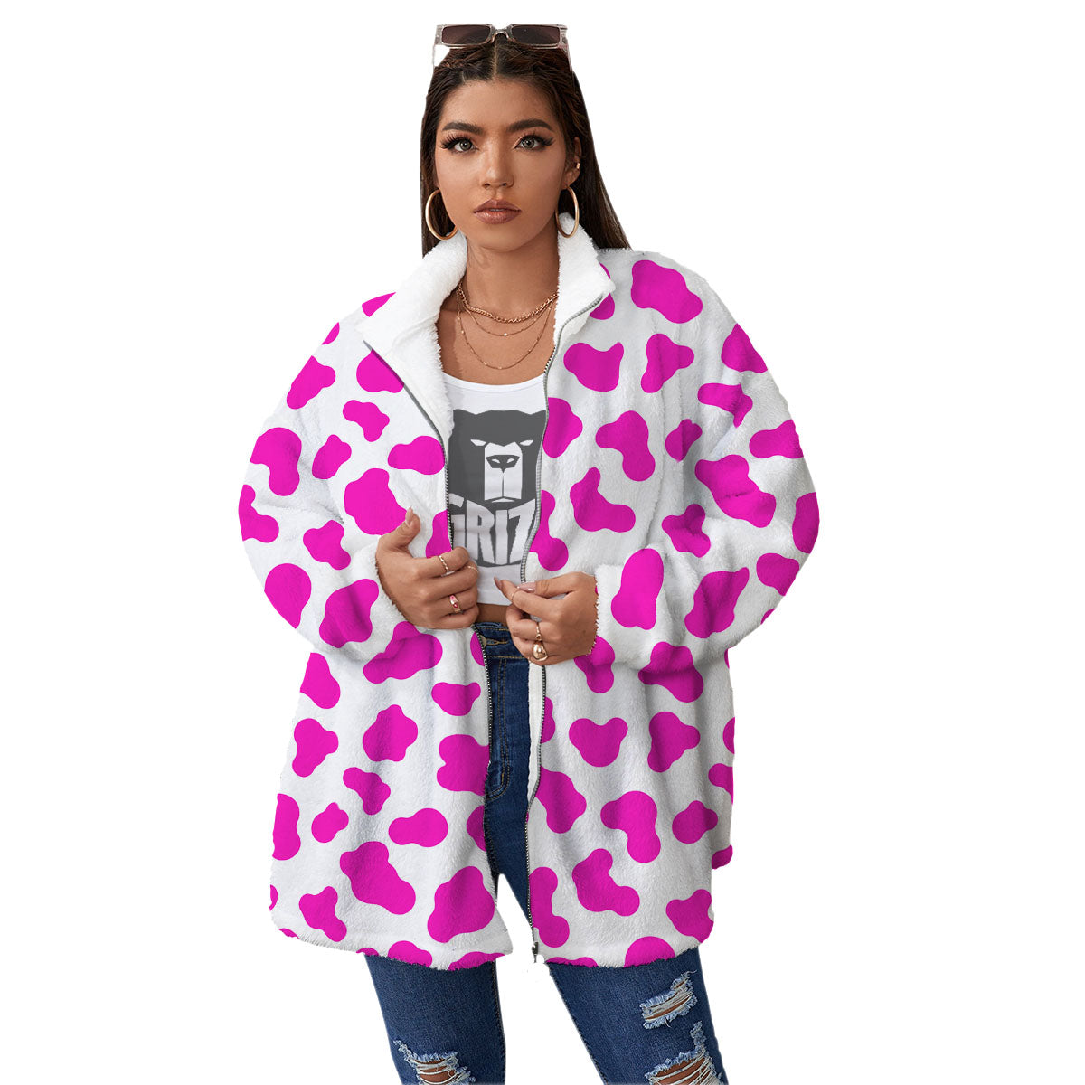White Cow And Hot Pink Print Women's Sherpa Jacket-grizzshop