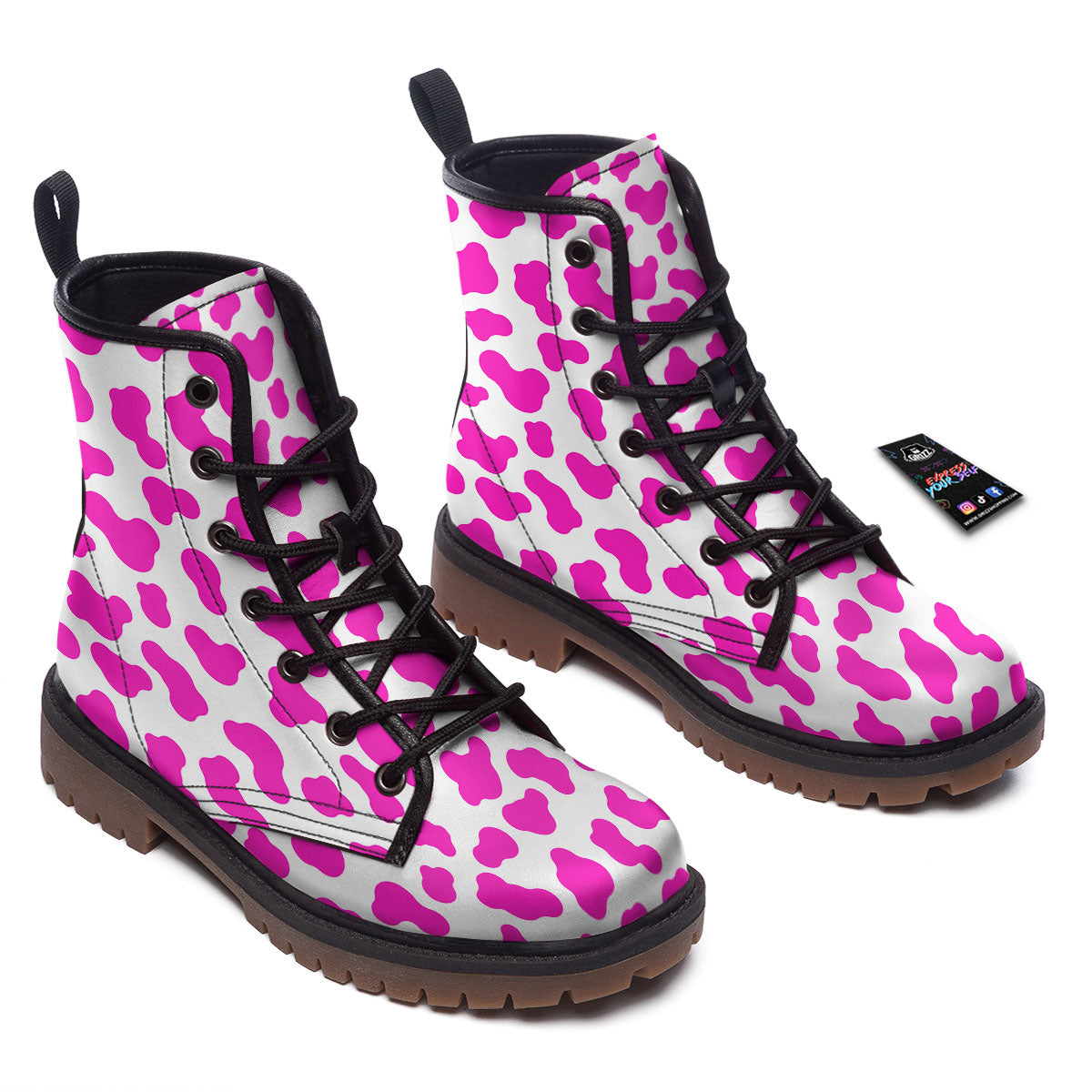 White Cow And Hot Pink Print Work Boots-grizzshop