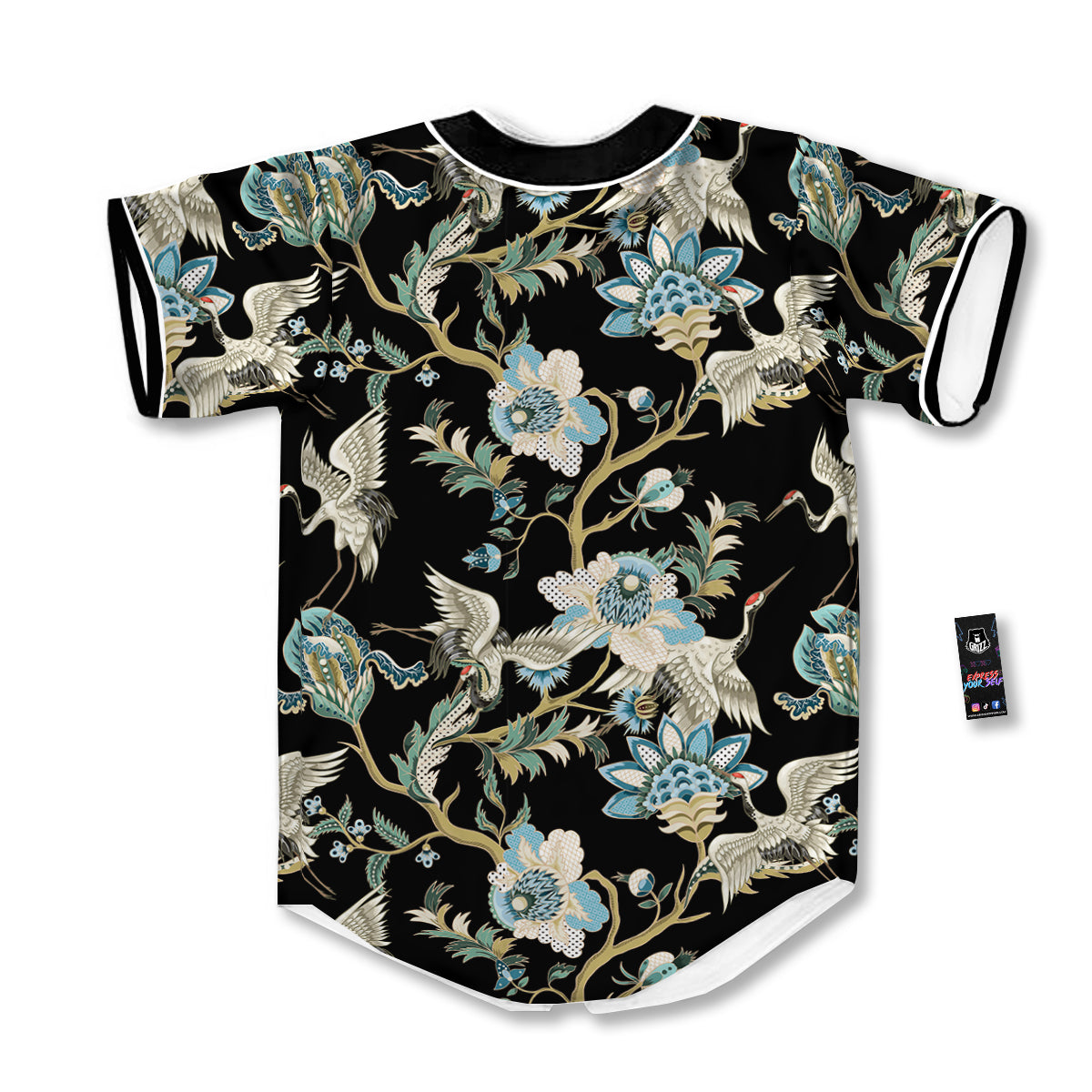 White Cranes Japanese Black Print Pattern Baseball Jersey-grizzshop