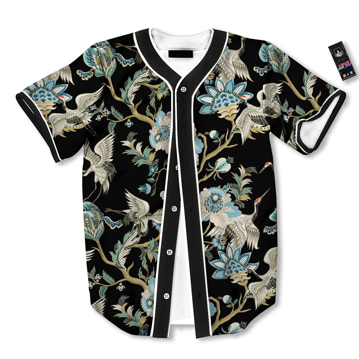 White Cranes Japanese Black Print Pattern Baseball Jersey-grizzshop