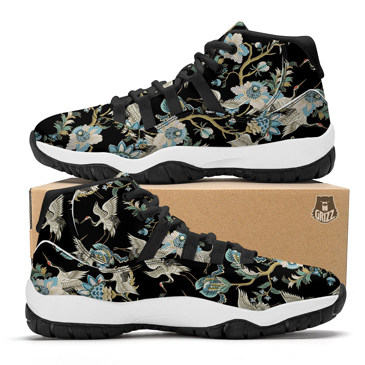 White Cranes Japanese Black Print Pattern Black Bball Shoes-grizzshop