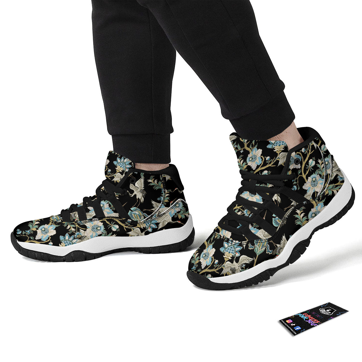 White Cranes Japanese Black Print Pattern Black Bball Shoes-grizzshop