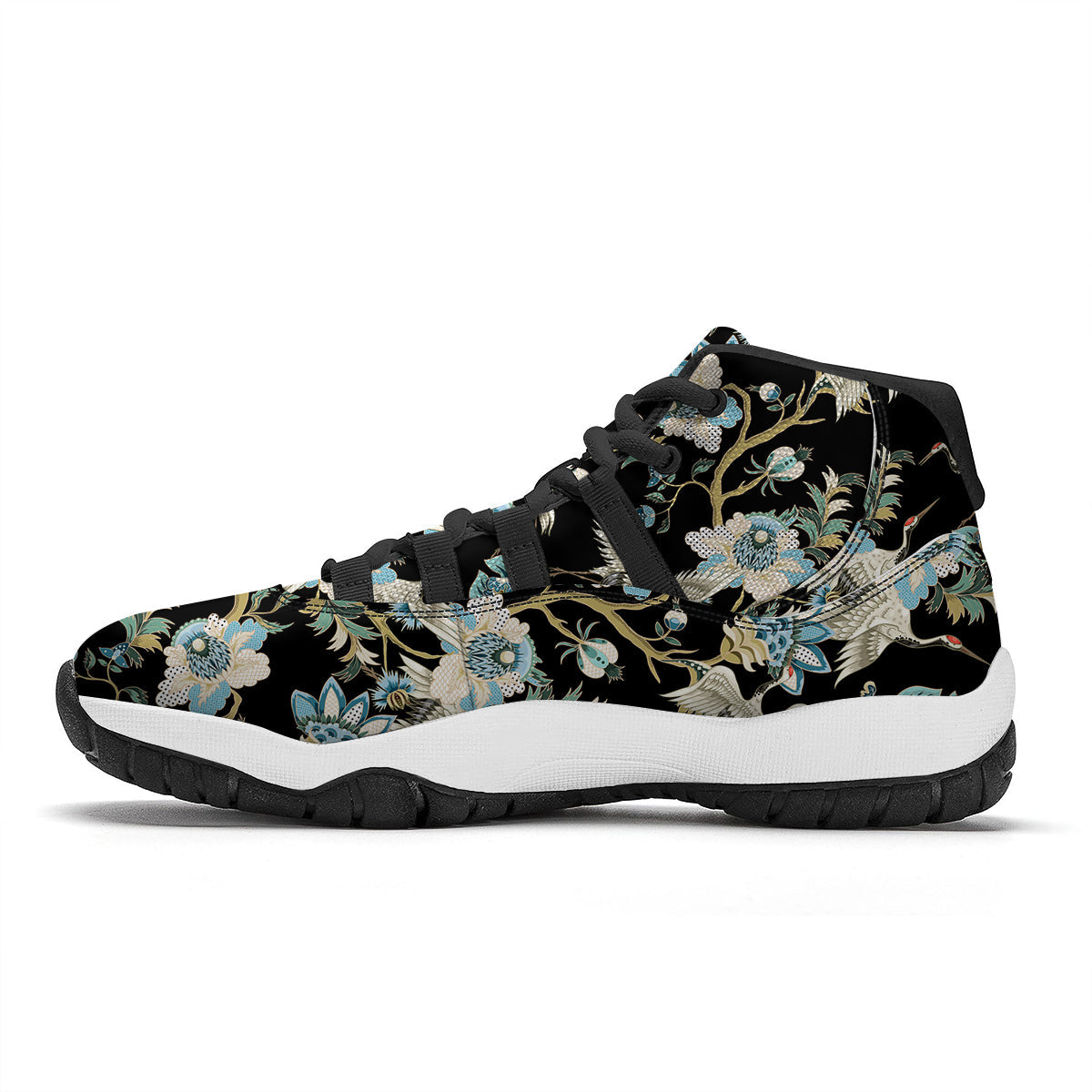 White Cranes Japanese Black Print Pattern Black Bball Shoes-grizzshop