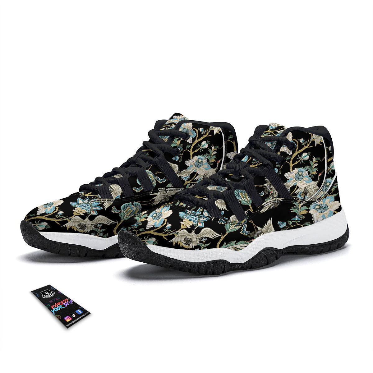 White Cranes Japanese Black Print Pattern Black Bball Shoes-grizzshop