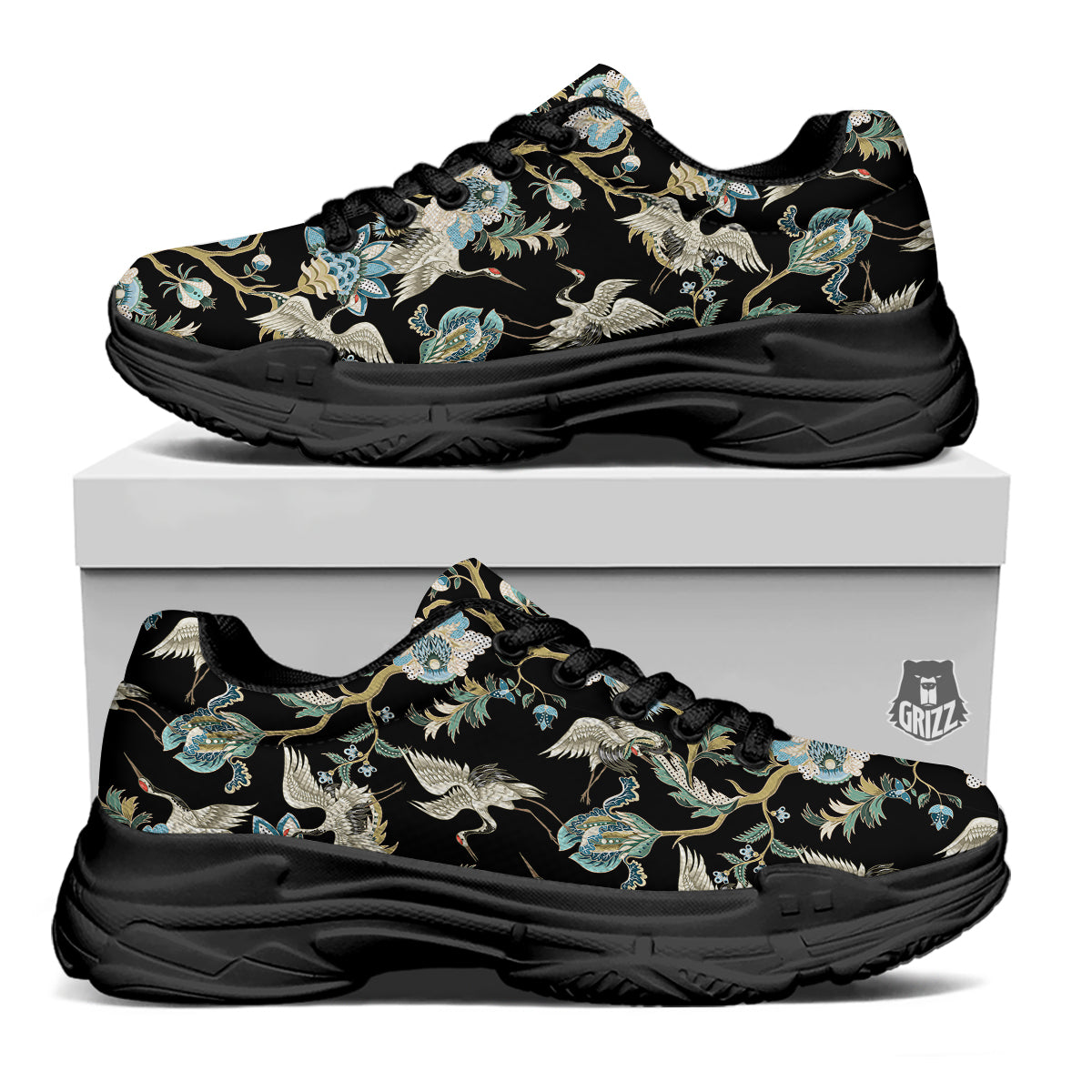 White Cranes Japanese Black Print Pattern Black Chunky Shoes-grizzshop