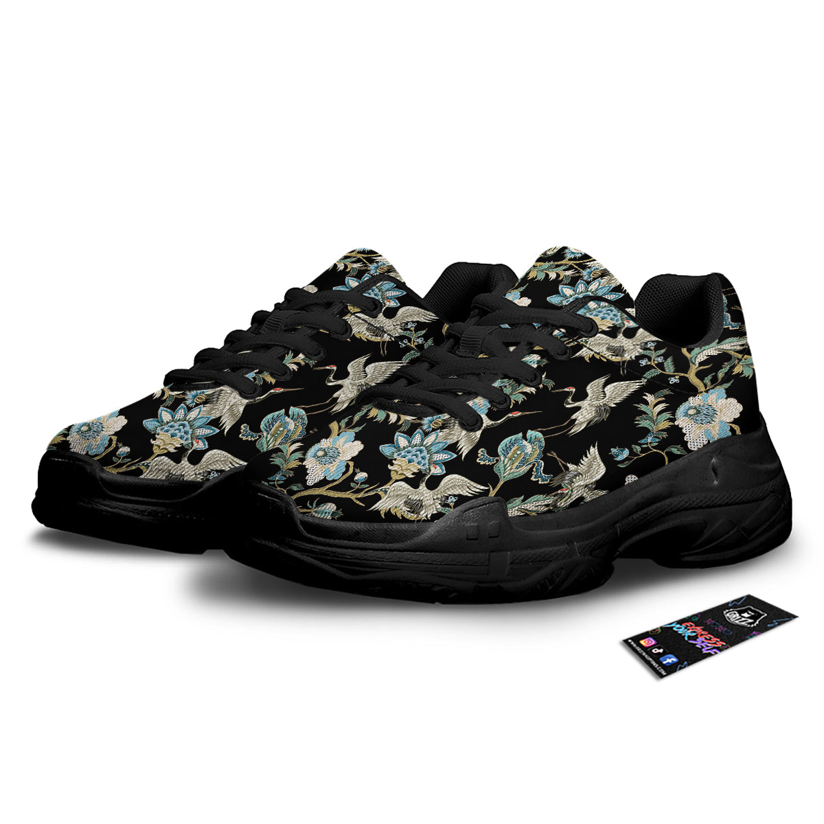 White Cranes Japanese Black Print Pattern Black Chunky Shoes-grizzshop
