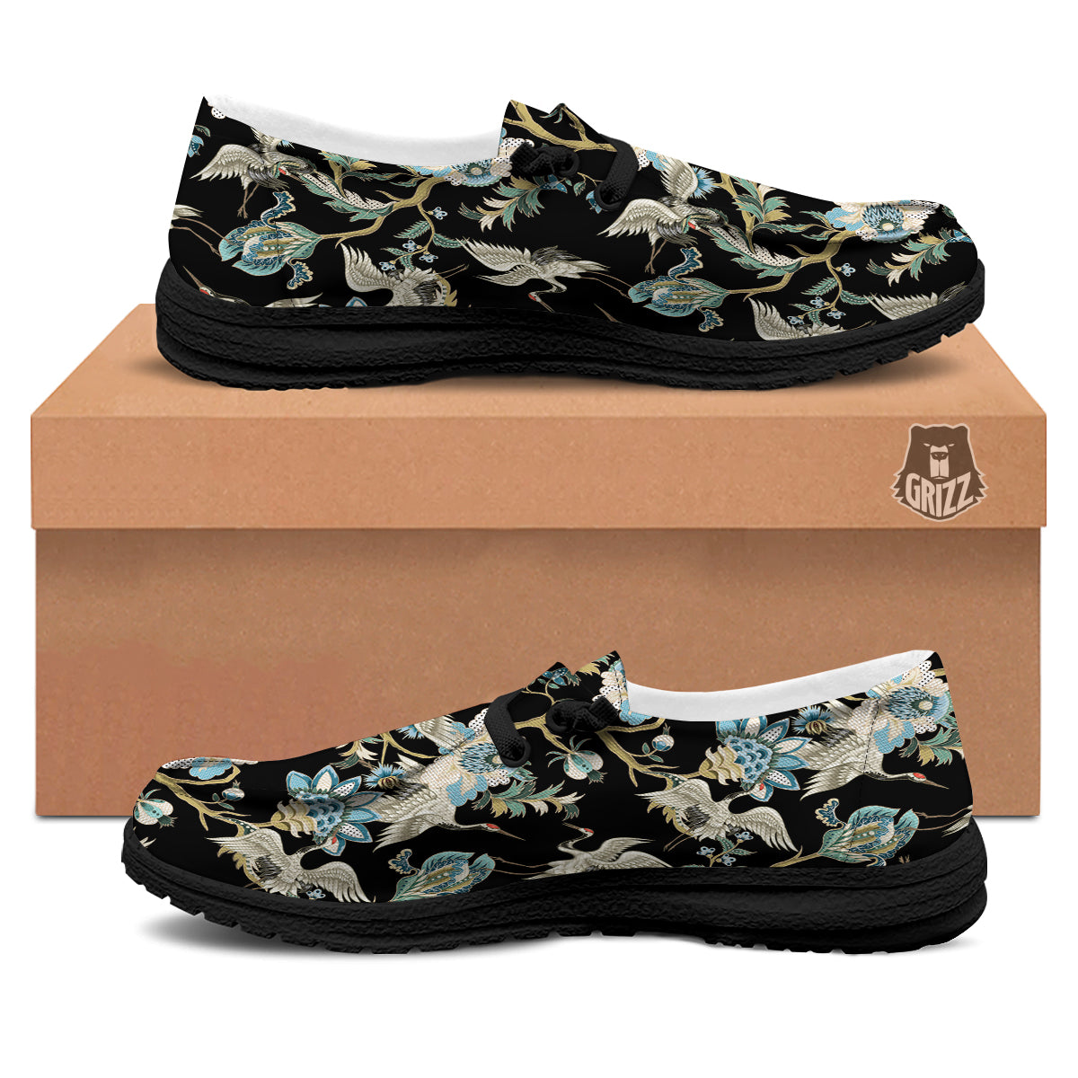 White Cranes Japanese Black Print Pattern Black Loafers-grizzshop