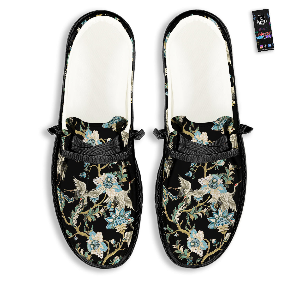 White Cranes Japanese Black Print Pattern Black Loafers-grizzshop