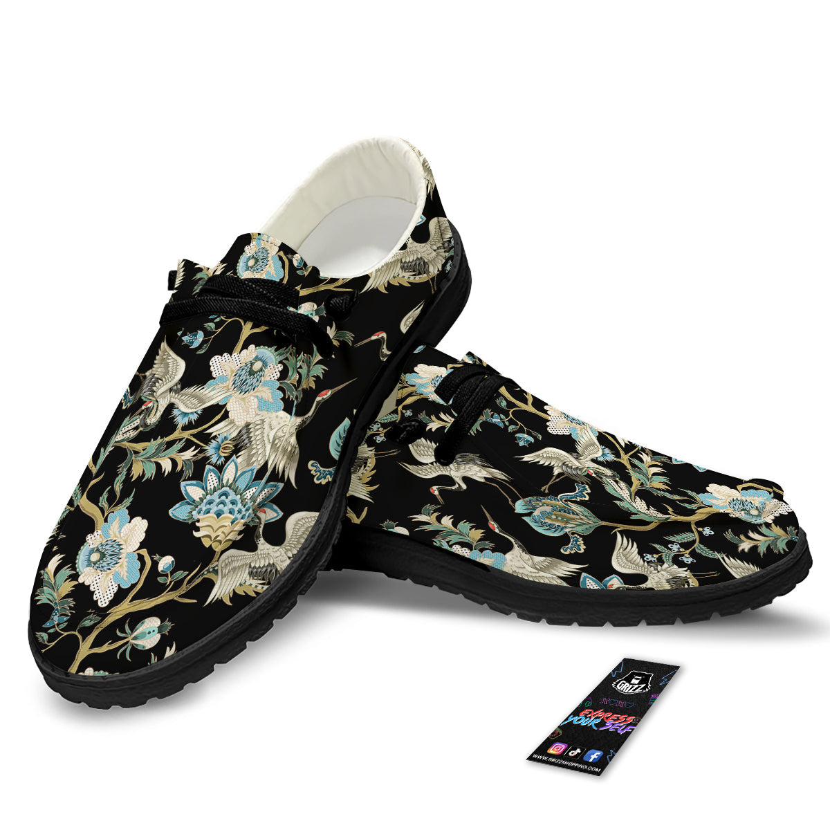 White Cranes Japanese Black Print Pattern Black Loafers-grizzshop