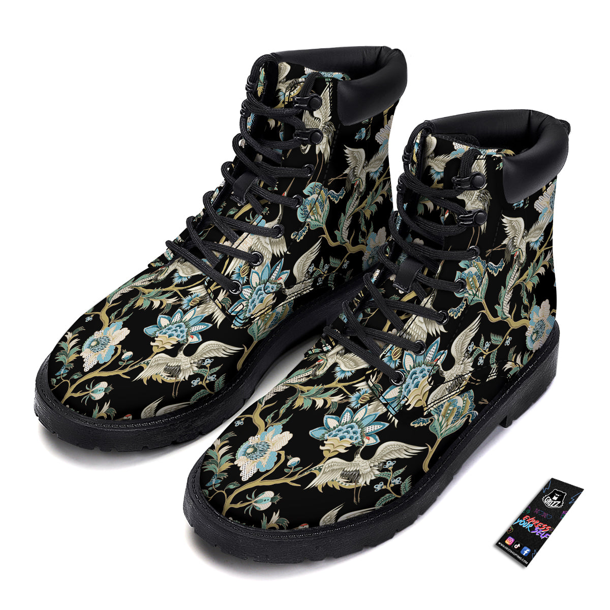 White Cranes Japanese Black Print Pattern Boots-grizzshop