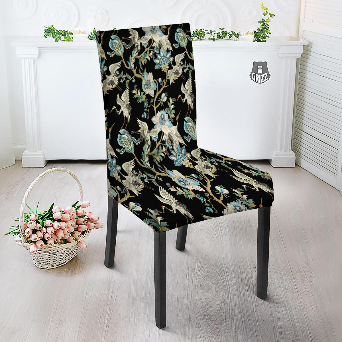 White Cranes Japanese Black Print Pattern Dining Chair Slipcover-grizzshop