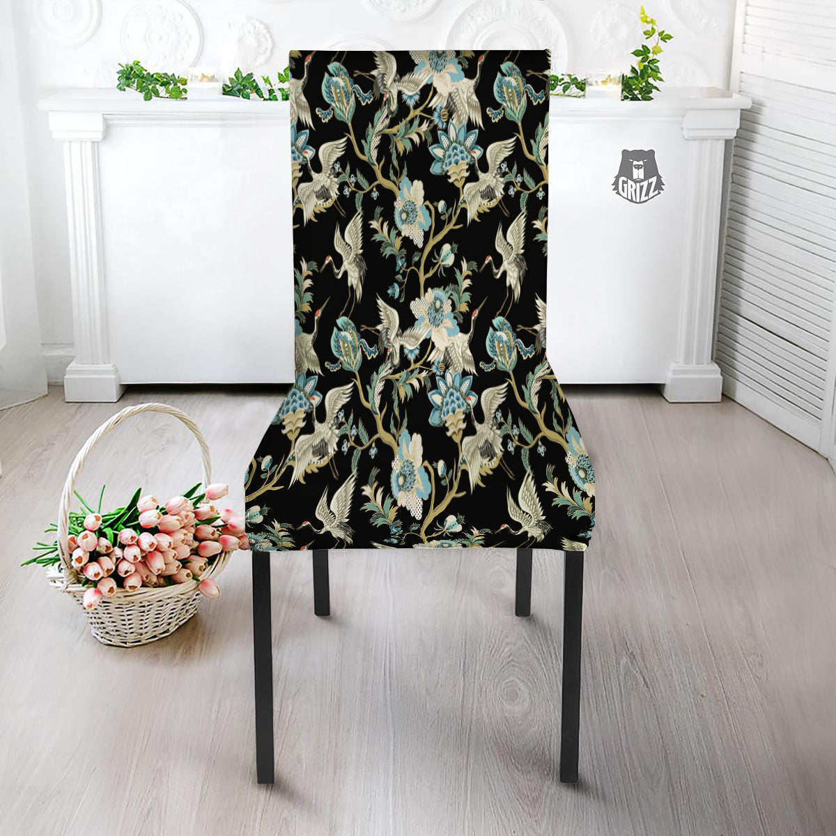 White Cranes Japanese Black Print Pattern Dining Chair Slipcover-grizzshop