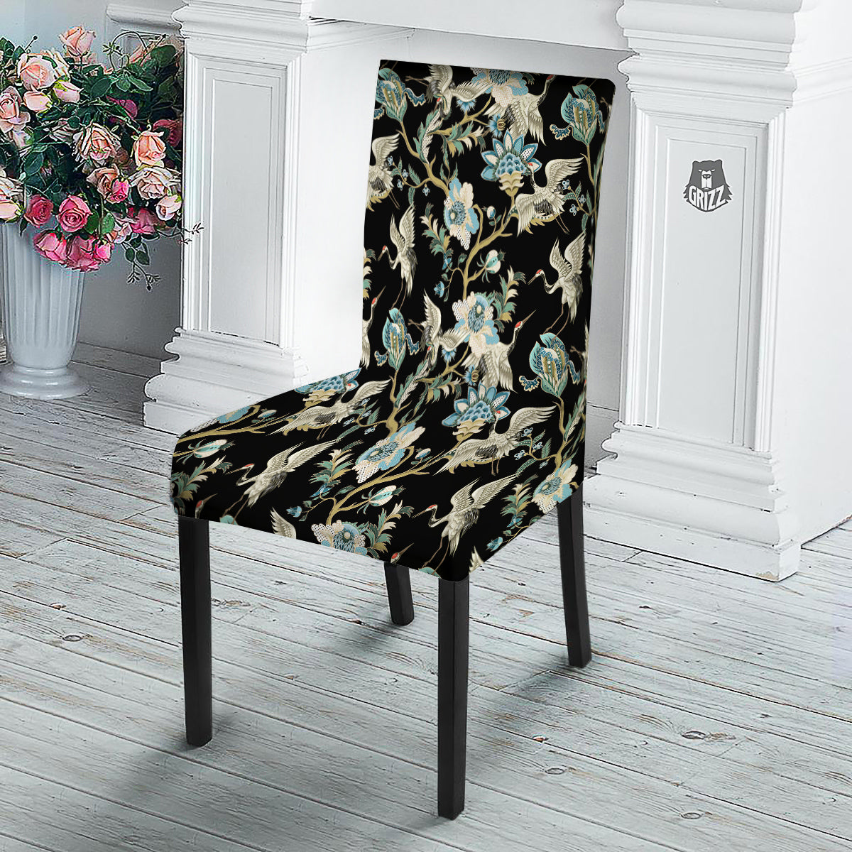 White Cranes Japanese Black Print Pattern Dining Chair Slipcover-grizzshop