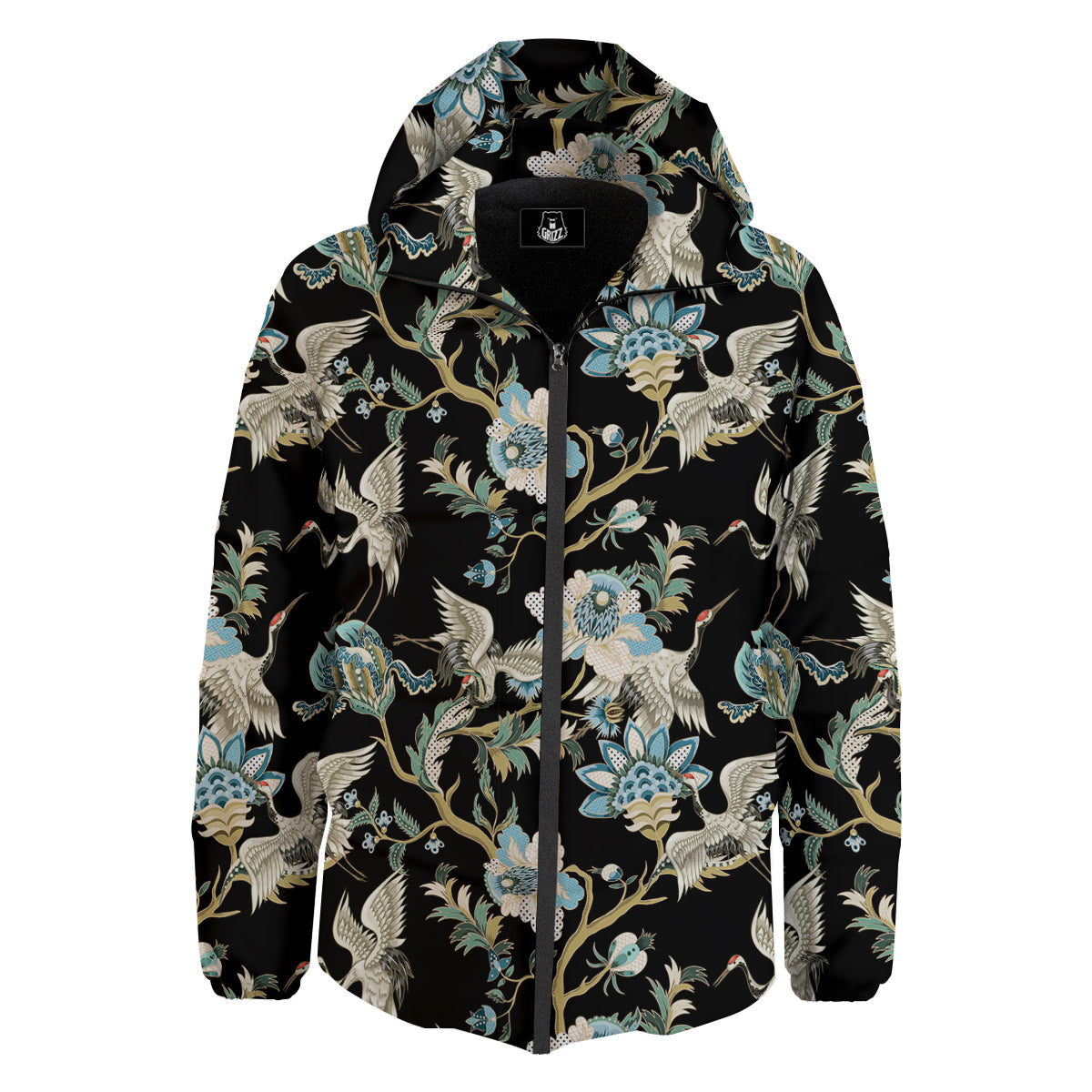 White Cranes Japanese Black Print Pattern Down Jacket-grizzshop