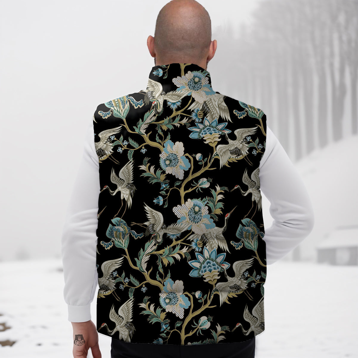 White Cranes Japanese Black Print Pattern Down Vest