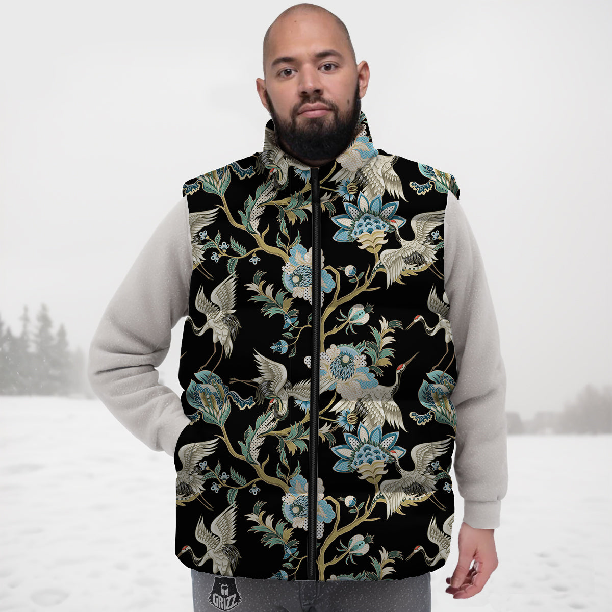 White Cranes Japanese Black Print Pattern Down Vest