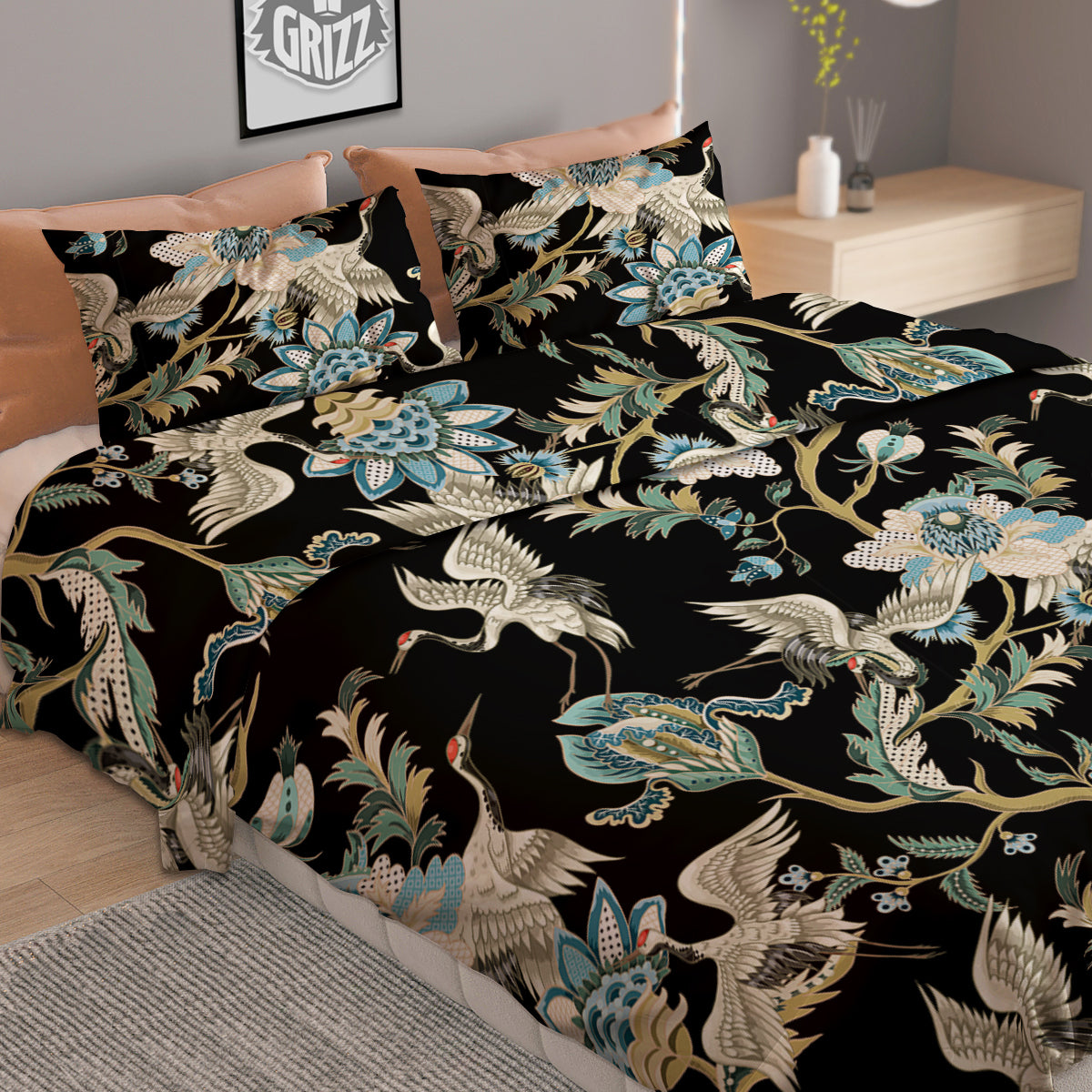 White Cranes Japanese Black Print Pattern Duvet Cover Bedding Set