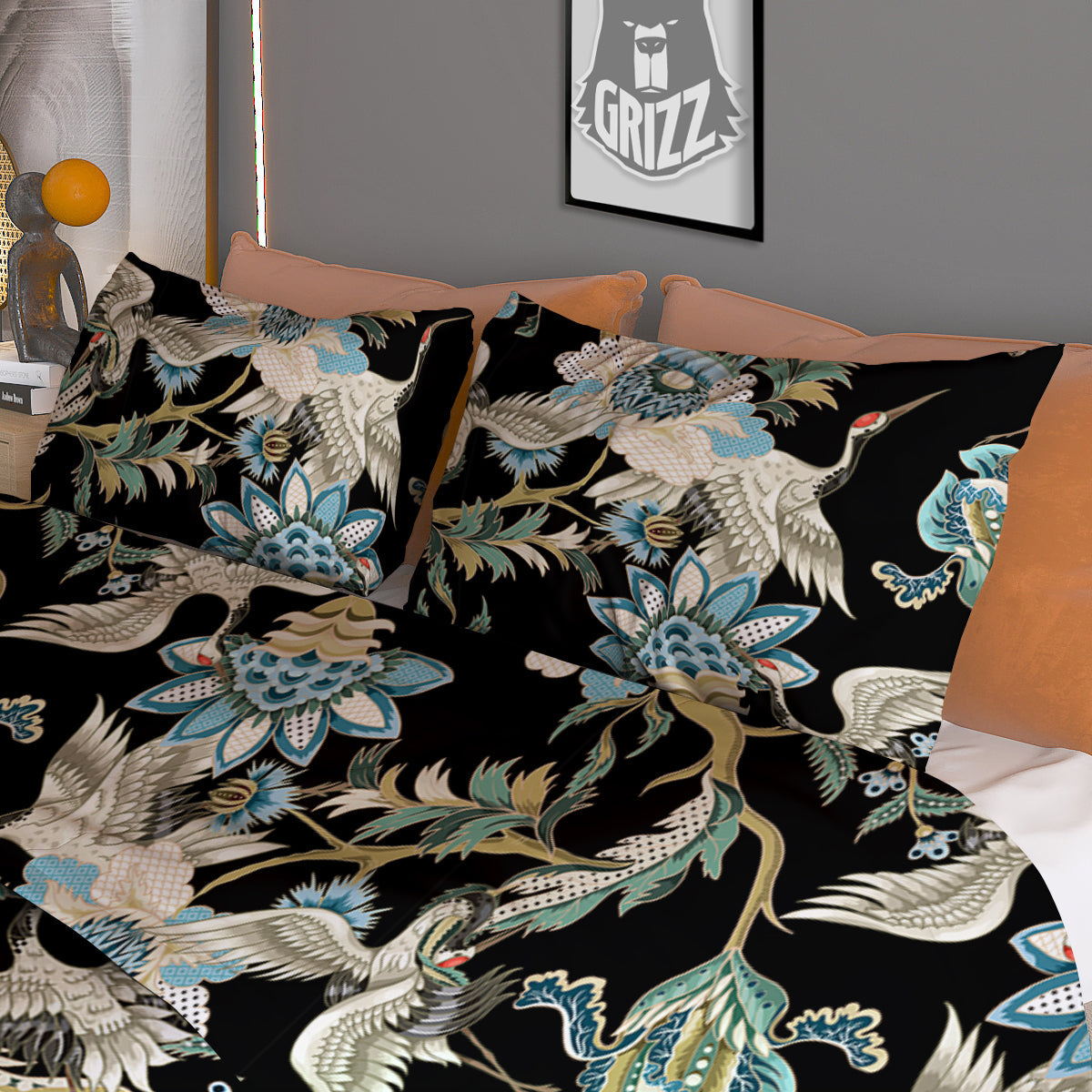 White Cranes Japanese Black Print Pattern Duvet Cover Bedding Set