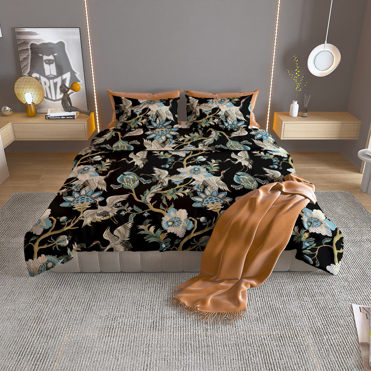 White Cranes Japanese Black Print Pattern Duvet Cover Bedding Set