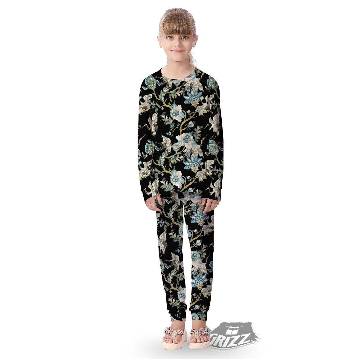 White Cranes Japanese Black Print Pattern Kid's Pajamas-grizzshop