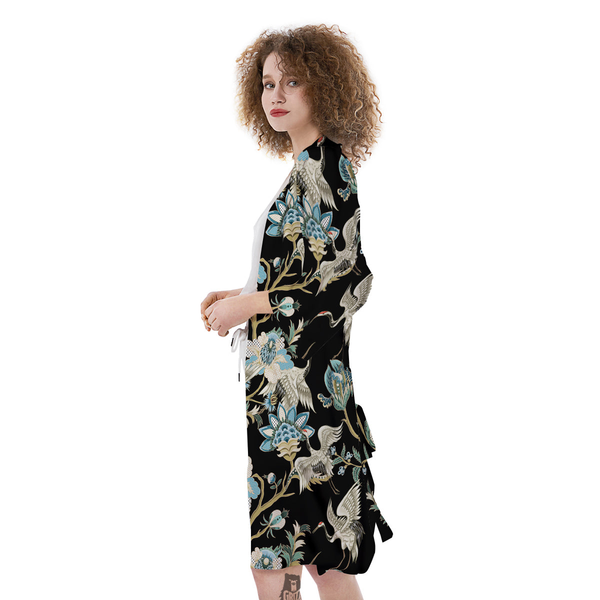 White Cranes Japanese Black Print Pattern Kimono-grizzshop