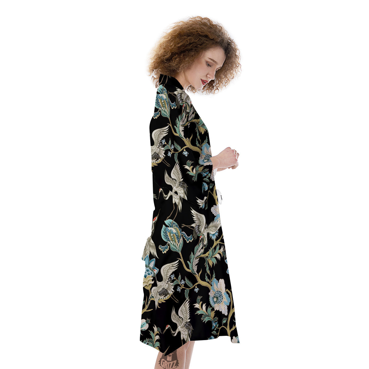 White Cranes Japanese Black Print Pattern Kimono-grizzshop