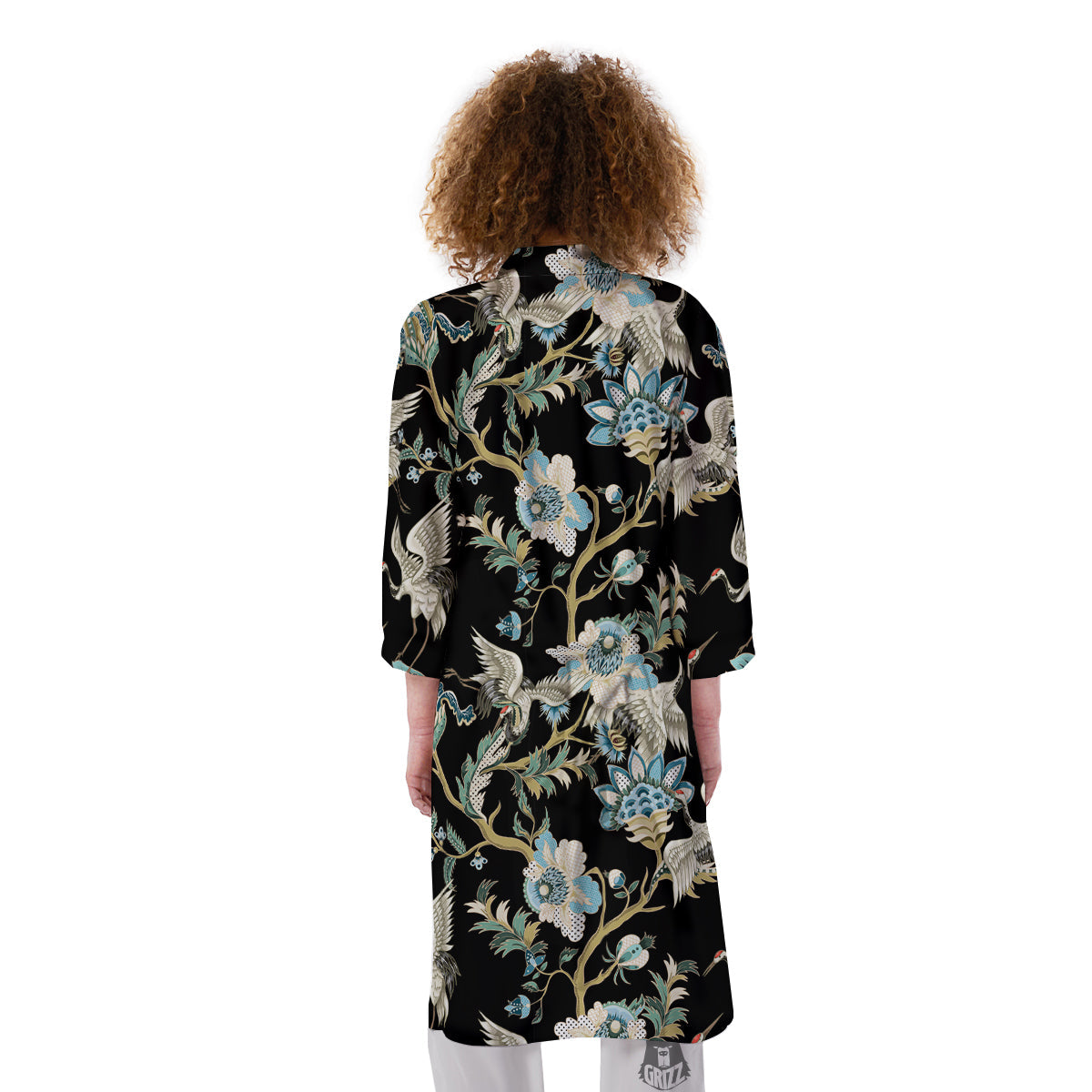 White Cranes Japanese Black Print Pattern Kimono-grizzshop