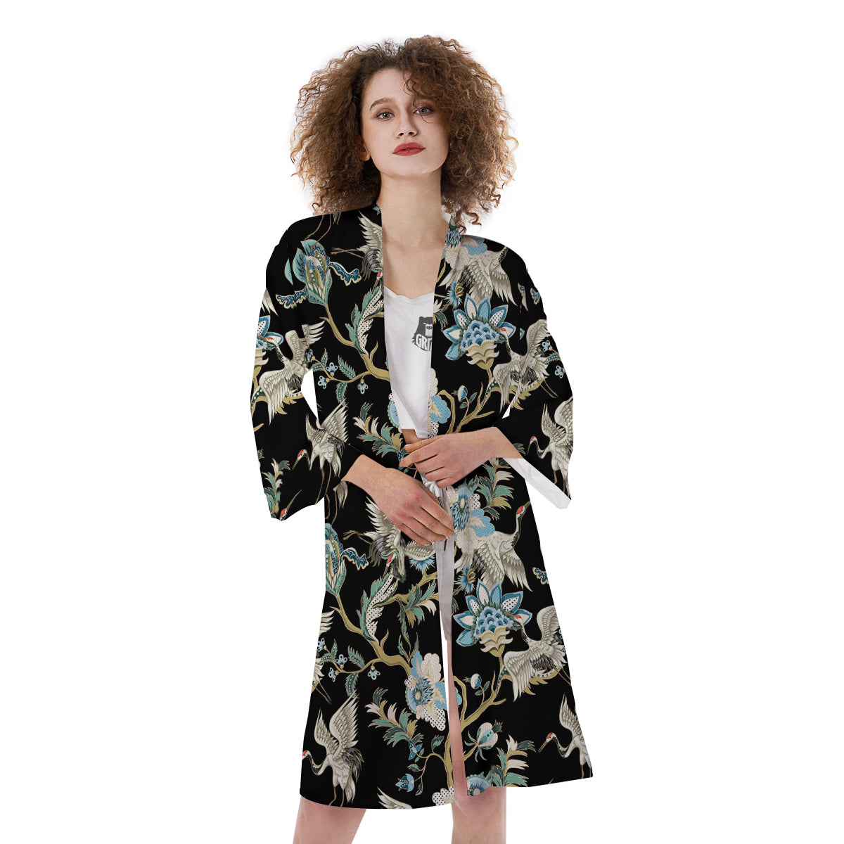 White Cranes Japanese Black Print Pattern Kimono-grizzshop