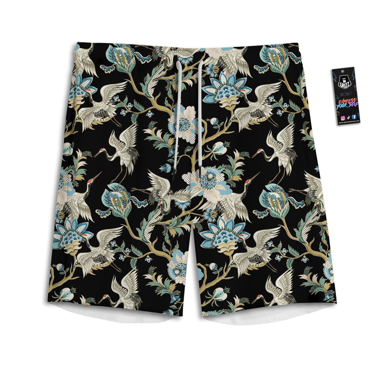 White Cranes Japanese Black Print Pattern Men's Athletic Shorts