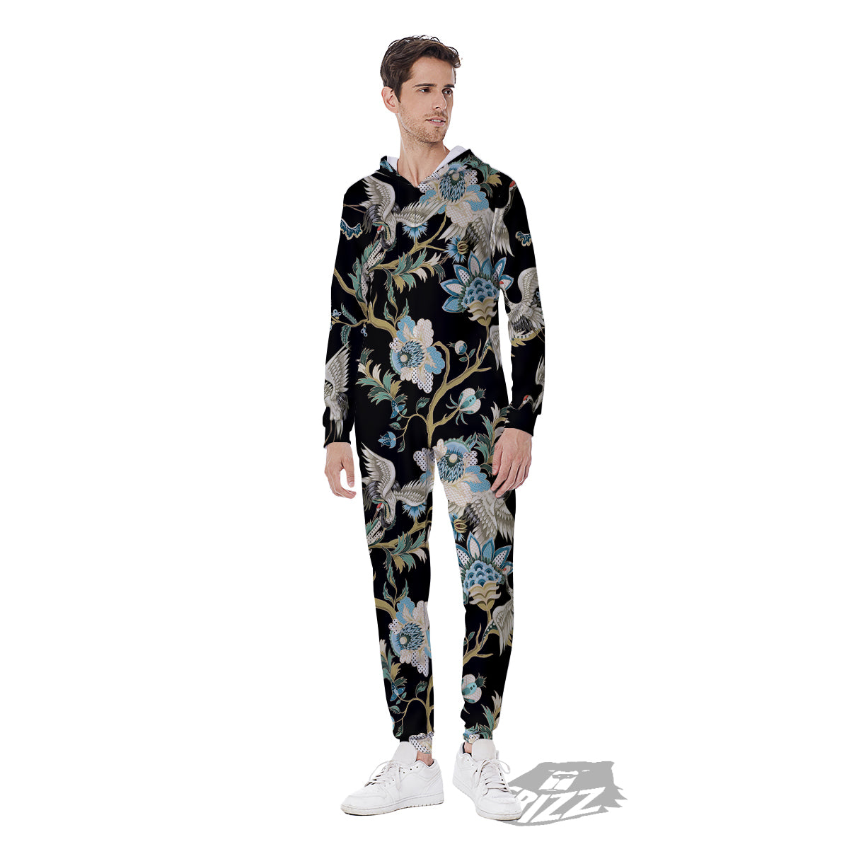 White Cranes Japanese Black Print Pattern Men's Jumpsuit-grizzshop
