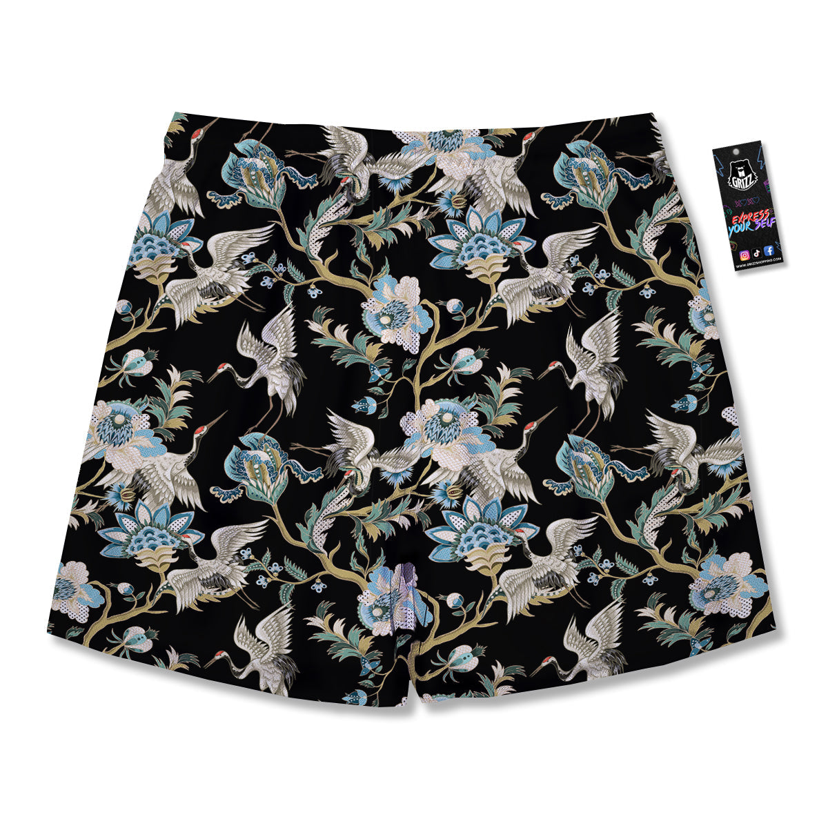 White Cranes Japanese Black Print Pattern Men's Running Shorts-grizzshop