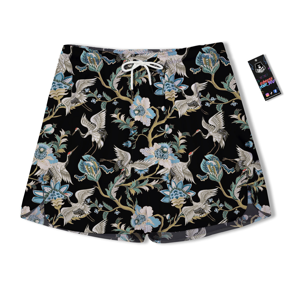 White Cranes Japanese Black Print Pattern Men's Running Shorts-grizzshop