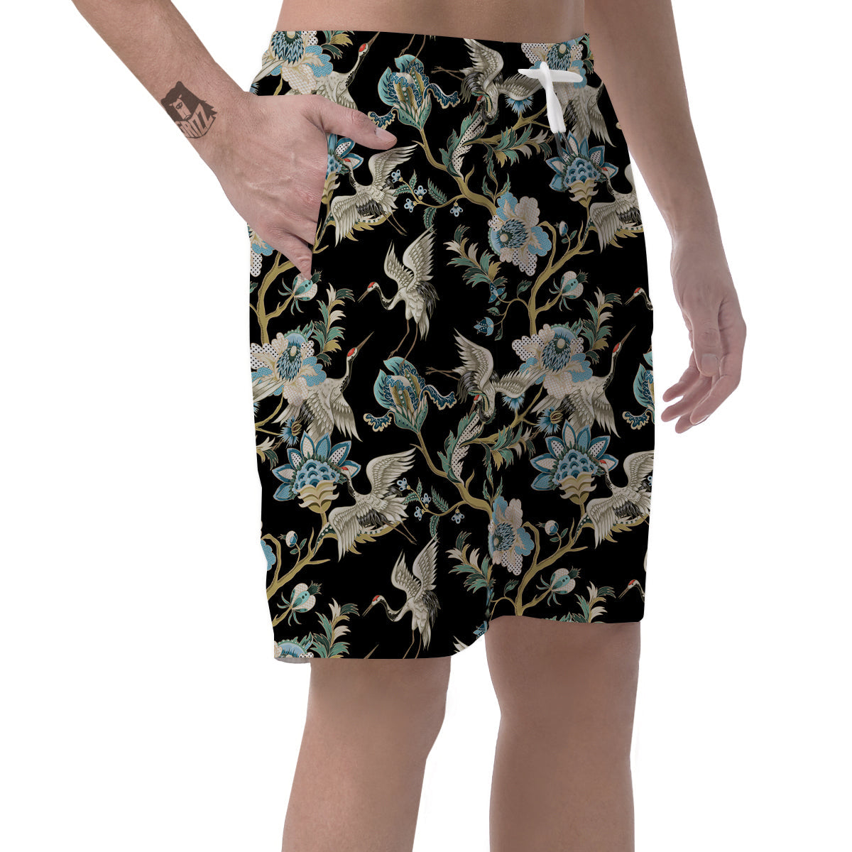 White Cranes Japanese Black Print Pattern Men's Shorts-grizzshop