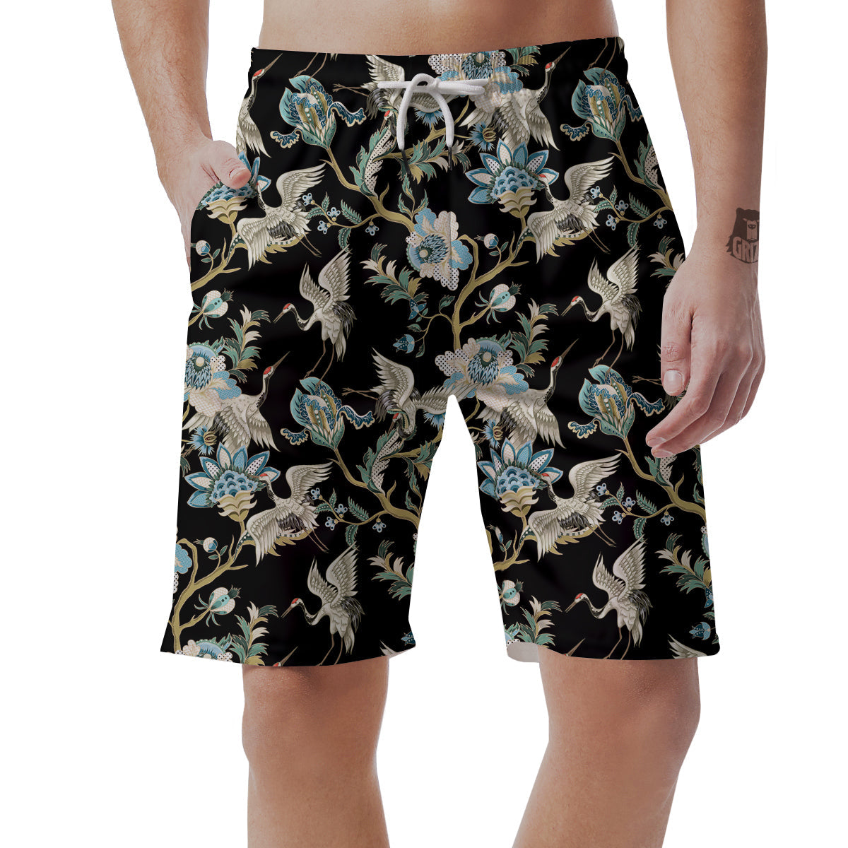 White Cranes Japanese Black Print Pattern Men's Shorts-grizzshop
