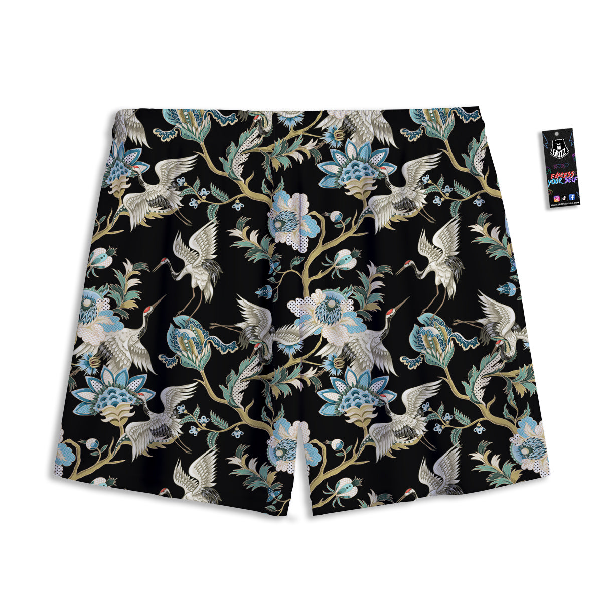White Cranes Japanese Black Print Pattern Mesh Shorts