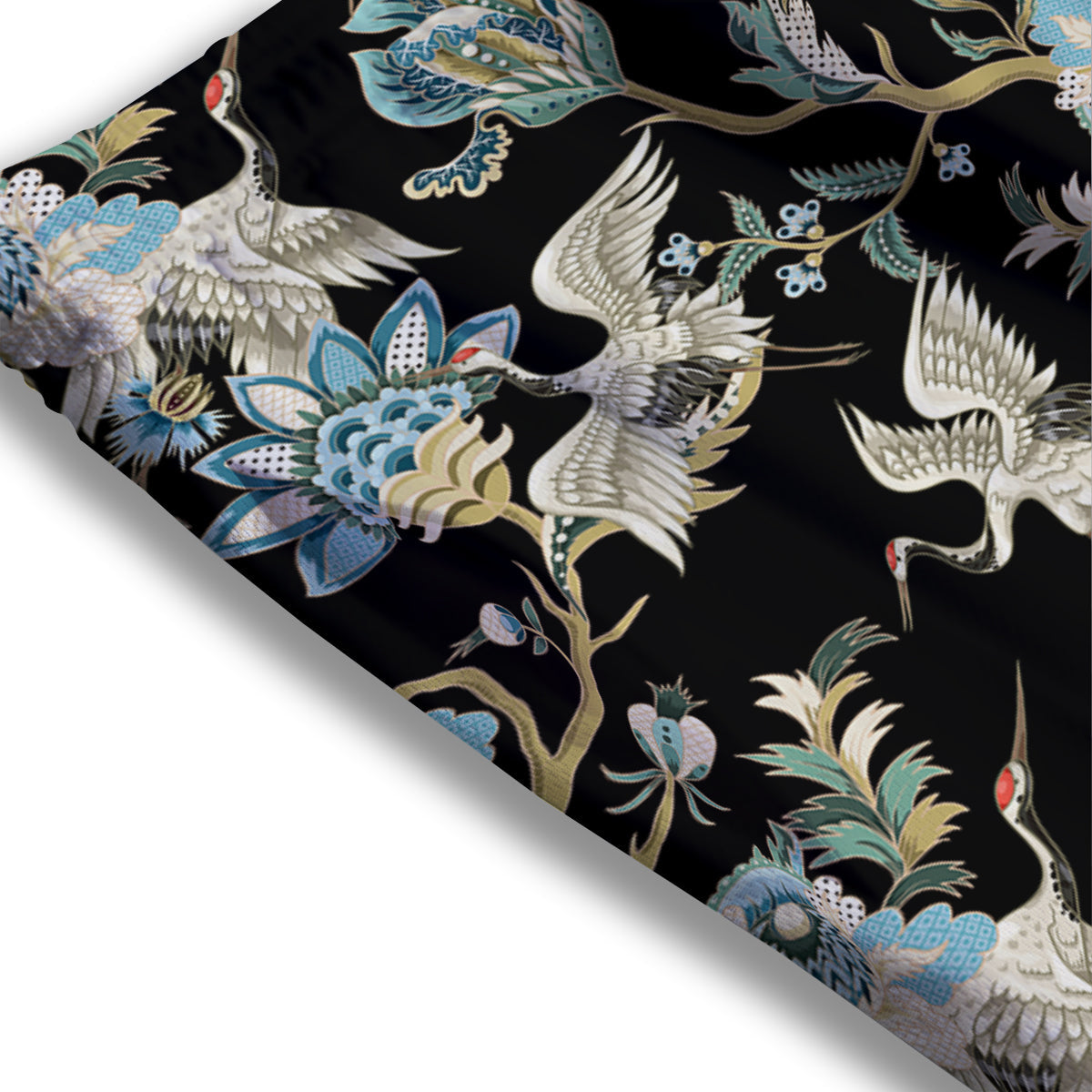 White Cranes Japanese Black Print Pattern Mesh Shorts