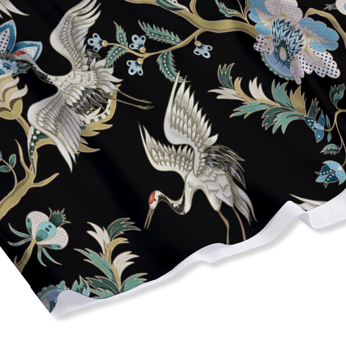 White Cranes Japanese Black Print Pattern Mesh Shorts