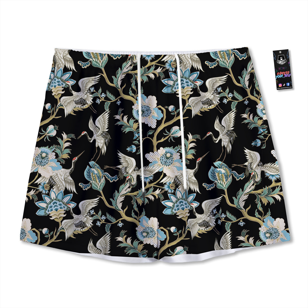 White Cranes Japanese Black Print Pattern Mesh Shorts