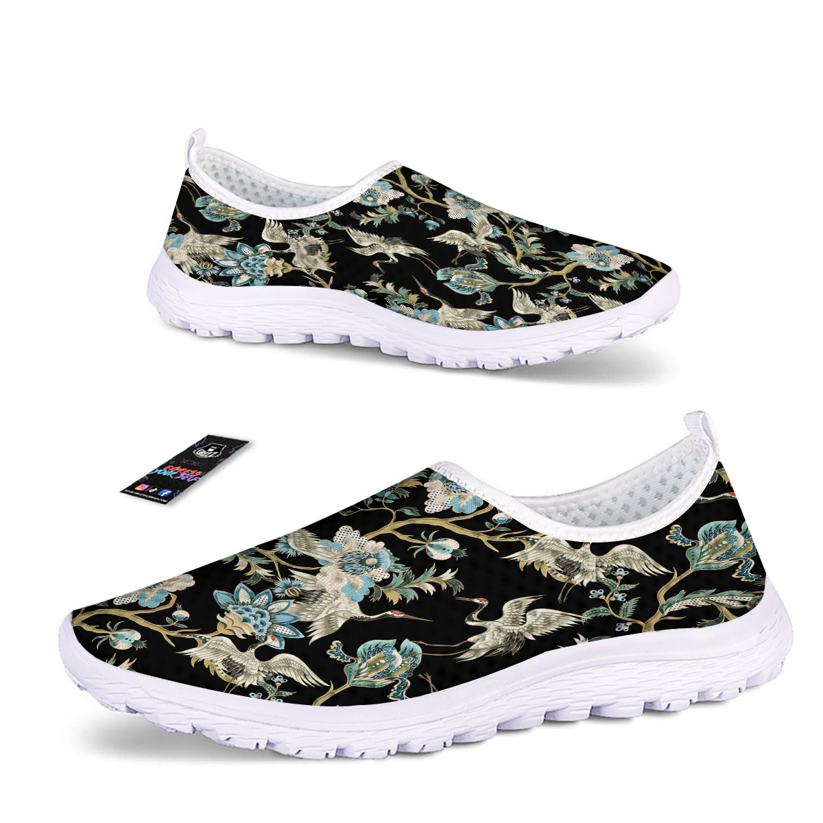 White Cranes Japanese Black Print Pattern Nurse Shoes-grizzshop