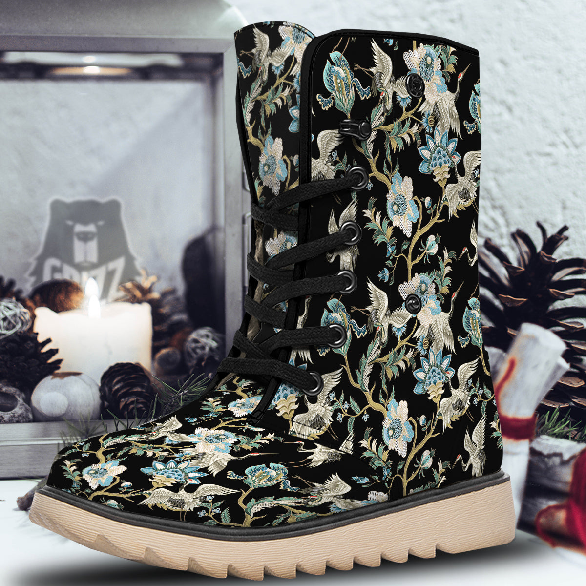 White Cranes Japanese Black Print Pattern Snow Boots-grizzshop