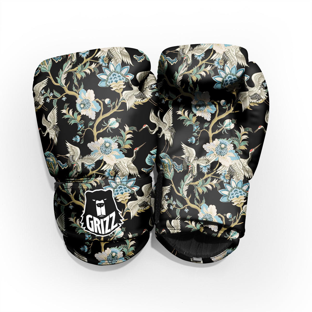 White Cranes Japanese Black Print Pattern Pro Boxing Glove