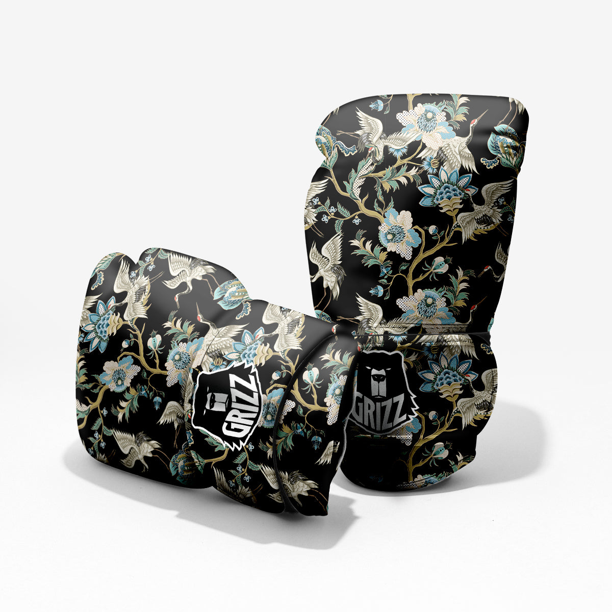 White Cranes Japanese Black Print Pattern Pro Boxing Glove